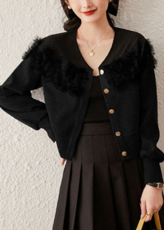 Manteau En Coton Patchwork De Tulle Noir Col En V Manches Longues