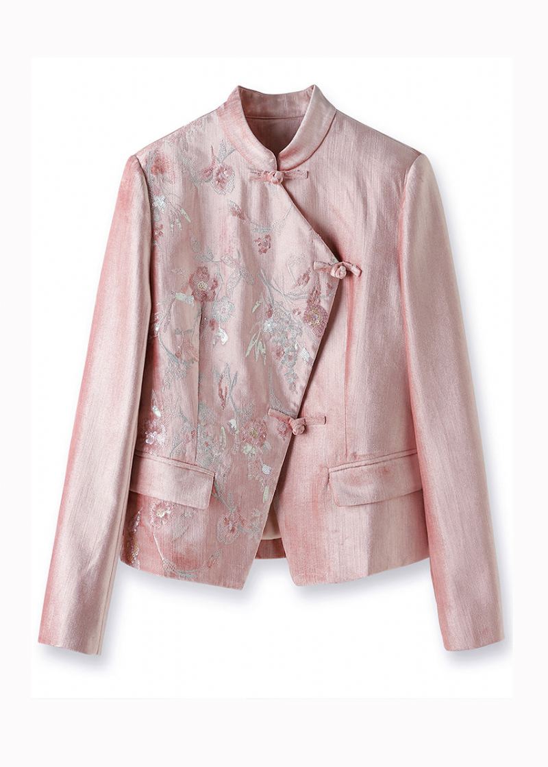 Manteau En Coton Rose Pour Femmes Col Montant Paillettes Brodées Patchwork Automne - Manteaux d'hiver femmes