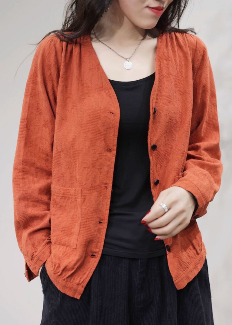 Manteau En Coton Uni Avec Poches Orange Col En V Automne