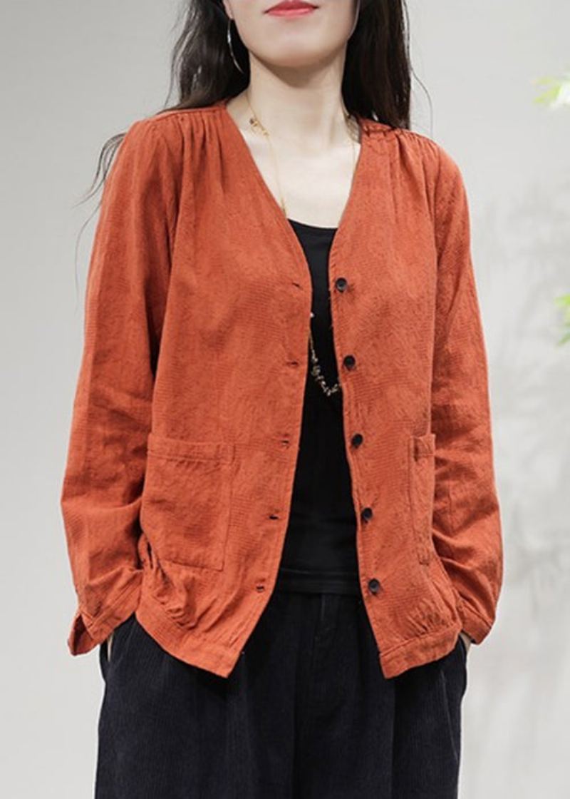 Manteau En Coton Uni Avec Poches Orange Col En V Automne - Manteaux d'hiver femmes