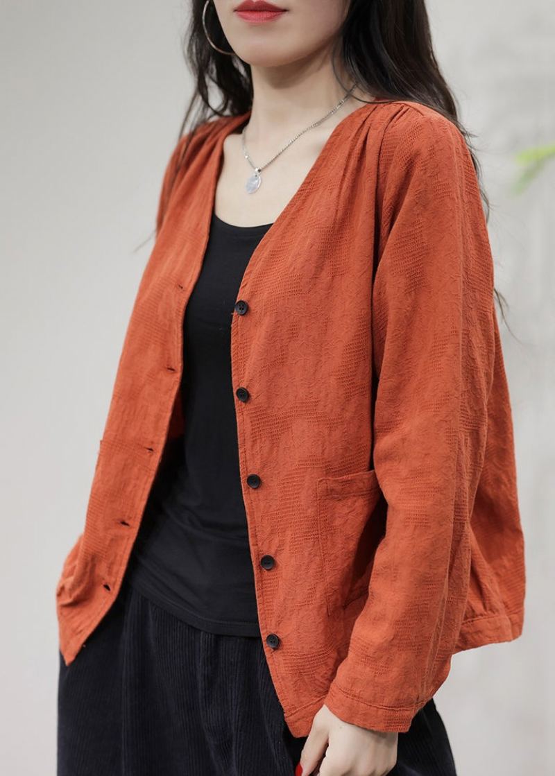 Manteau En Coton Uni Avec Poches Orange Col En V Automne - Manteaux d'hiver femmes