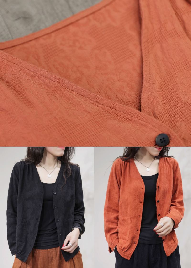 Manteau En Coton Uni Avec Poches Orange Col En V Automne - Manteaux d'hiver femmes