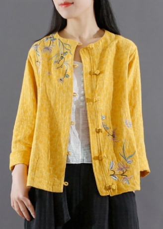 Manteau Court En Coton Brodé À Col Rond Jaune Rétro Printemps