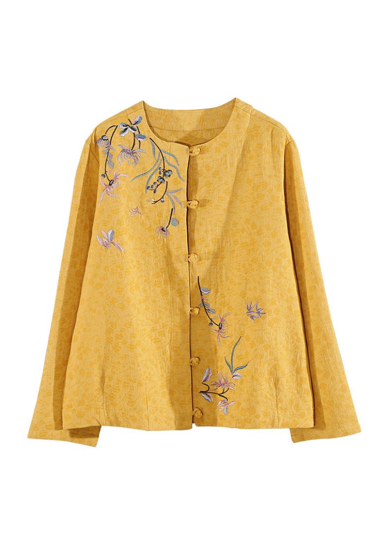 Manteau Court En Coton Brodé À Col Rond Jaune Rétro Printemps - Manteaux d'hiver femmes