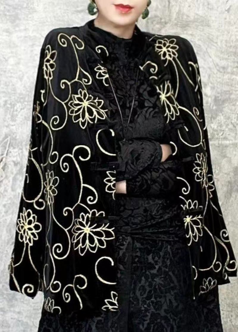 Manteau Court Noir En Velours À Fleurs Style Chinois Col Rond Printemps