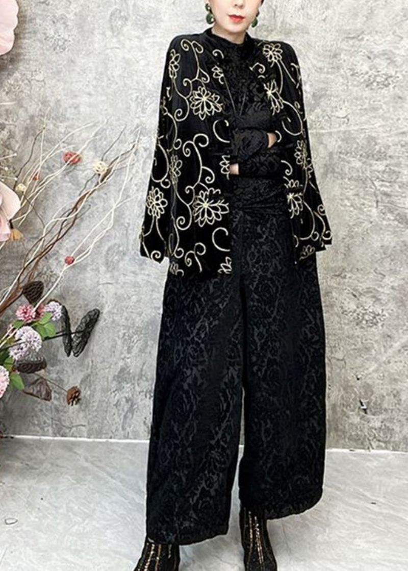 Manteau Court Noir En Velours À Fleurs Style Chinois Col Rond Printemps - Manteaux d'hiver femmes