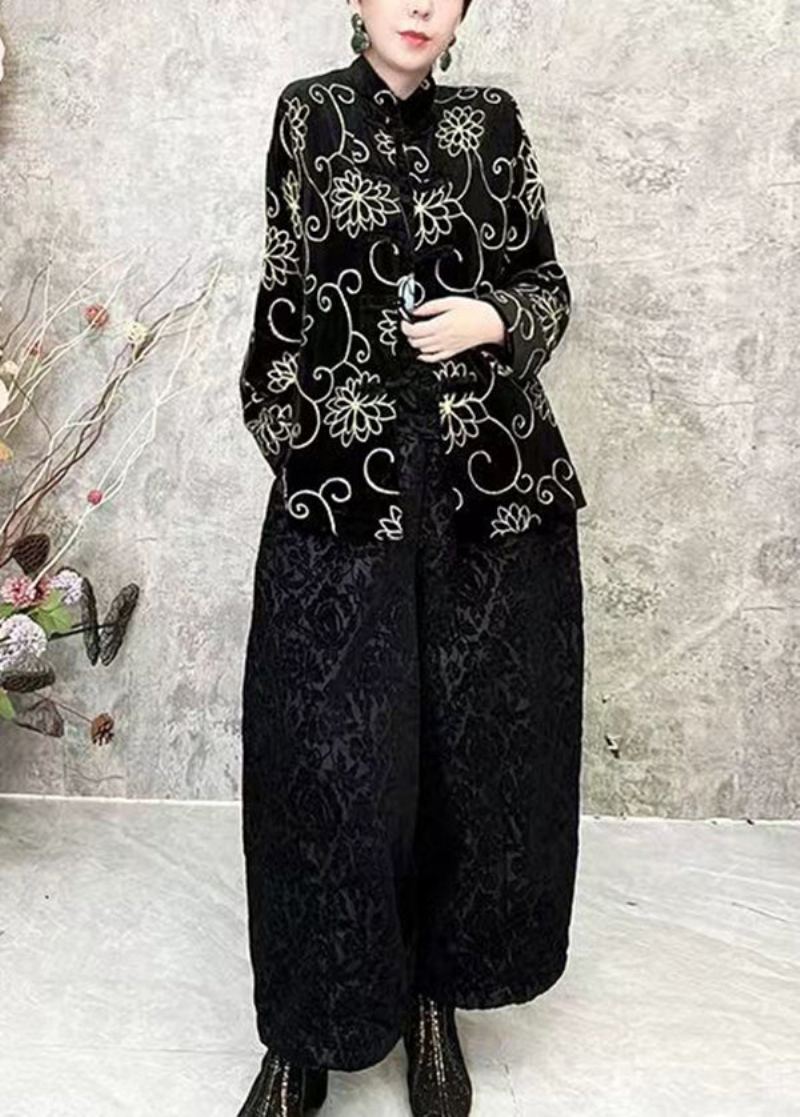 Manteau Court Noir En Velours À Fleurs Style Chinois Col Rond Printemps - Manteaux d'hiver femmes