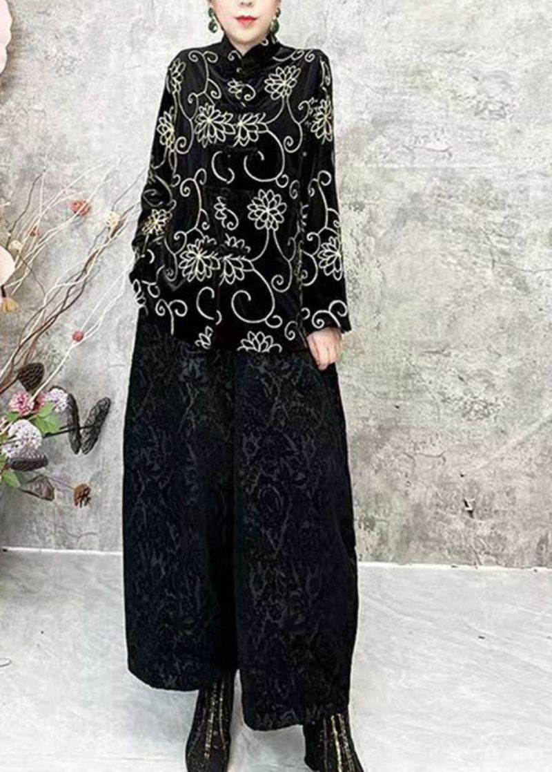 Manteau Court Noir En Velours À Fleurs Style Chinois Col Rond Printemps - Manteaux d'hiver femmes