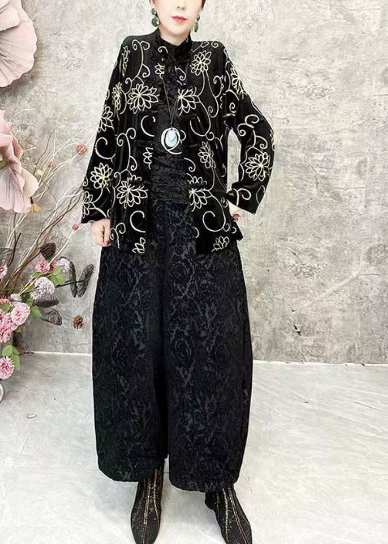 Manteau Court Noir En Velours À Fleurs Style Chinois Col Rond Printemps - Manteaux d'hiver femmes