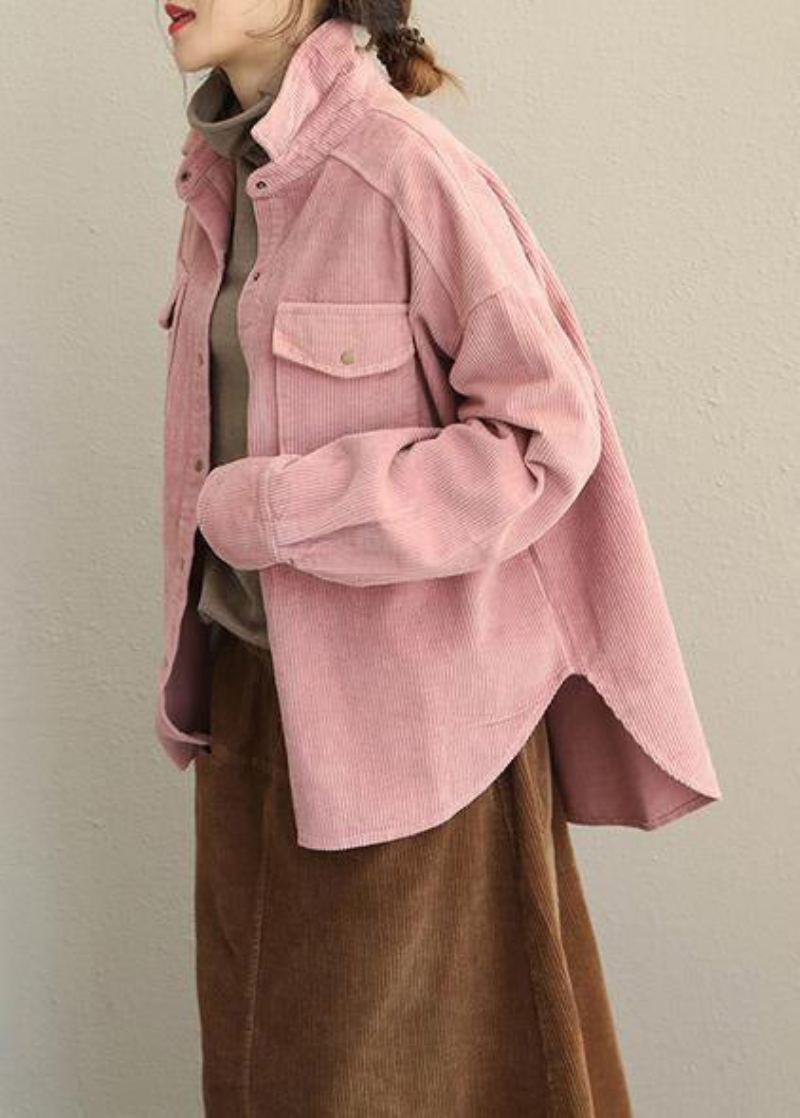 Manteau Court En Velours Côtelé Ample Vintage Rose Et Gris Pour Femme - Manteaux d'hiver femmes