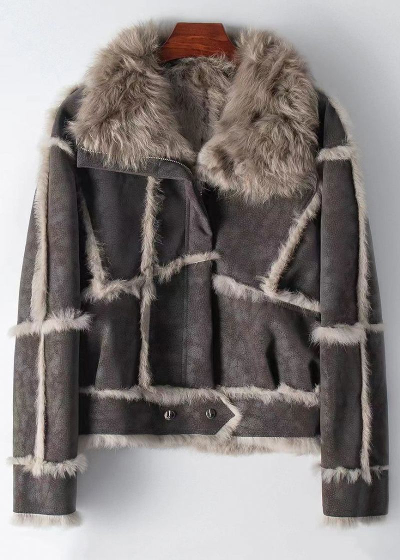 Manteau En Cuir Et Fourrure De Lapin Gris Foncé À La Mode Avec Fermeture Éclair Patchwork Hiver