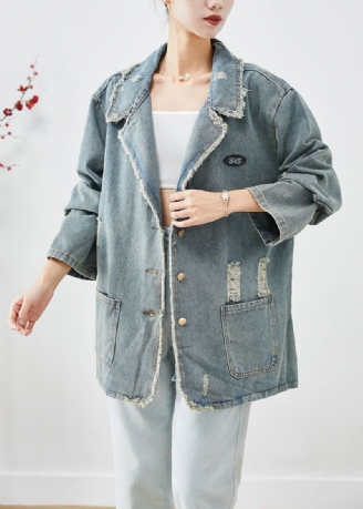 Manteau Déchiré En Denim Avec Poches Surdimensionnées Bleu Français Gris Vêtements D'extérieur Automne