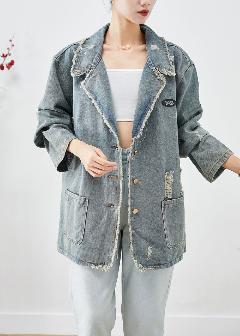 Manteau Déchiré En Denim Avec Poches Surdimensionnées Bleu Français Gris Vêtements D'extérieur Automne - Manteaux d'hiver femmes