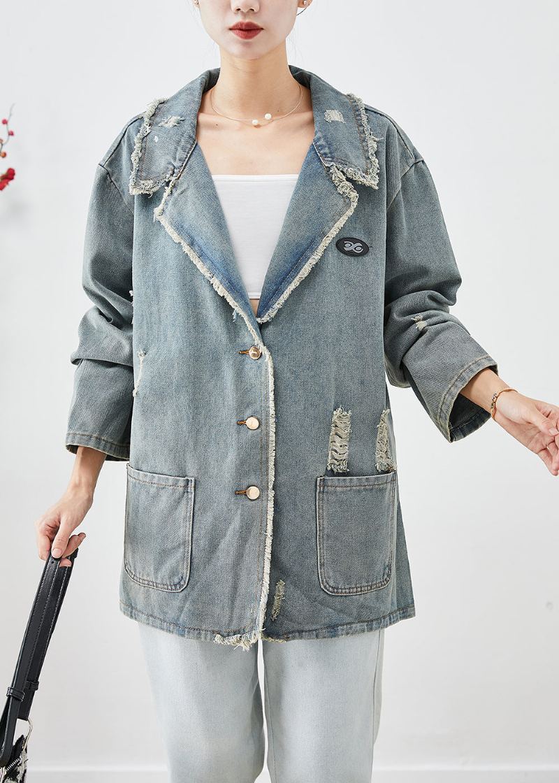 Manteau Déchiré En Denim Avec Poches Surdimensionnées Bleu Français Gris Vêtements D'extérieur Automne - Manteaux d'hiver femmes