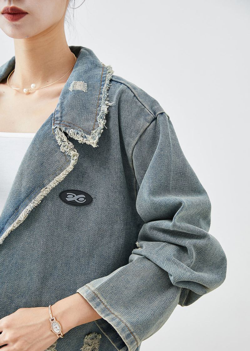 Manteau Déchiré En Denim Avec Poches Surdimensionnées Bleu Français Gris Vêtements D'extérieur Automne - Manteaux d'hiver femmes