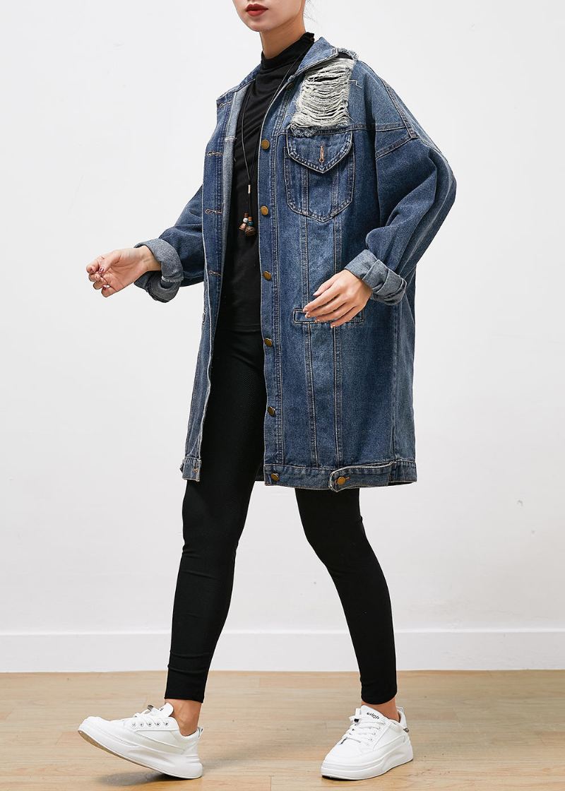 Manteau Déchiré En Denim Surdimensionné Bleu Moderne Vêtements D'extérieur D'automne