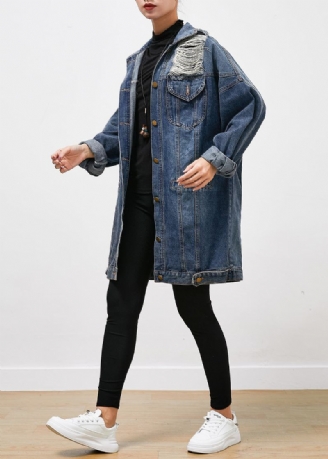 Manteau Déchiré En Denim Surdimensionné Bleu Moderne Vêtements D'extérieur D'automne