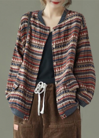 Manteau Décontracté En Coton Avec Poches Rayées Café Patchwork Automne