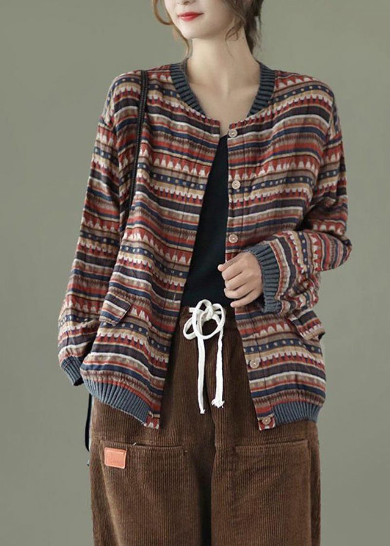 Manteau Décontracté En Coton Avec Poches Rayées Café Patchwork Automne - Manteaux d'hiver femmes