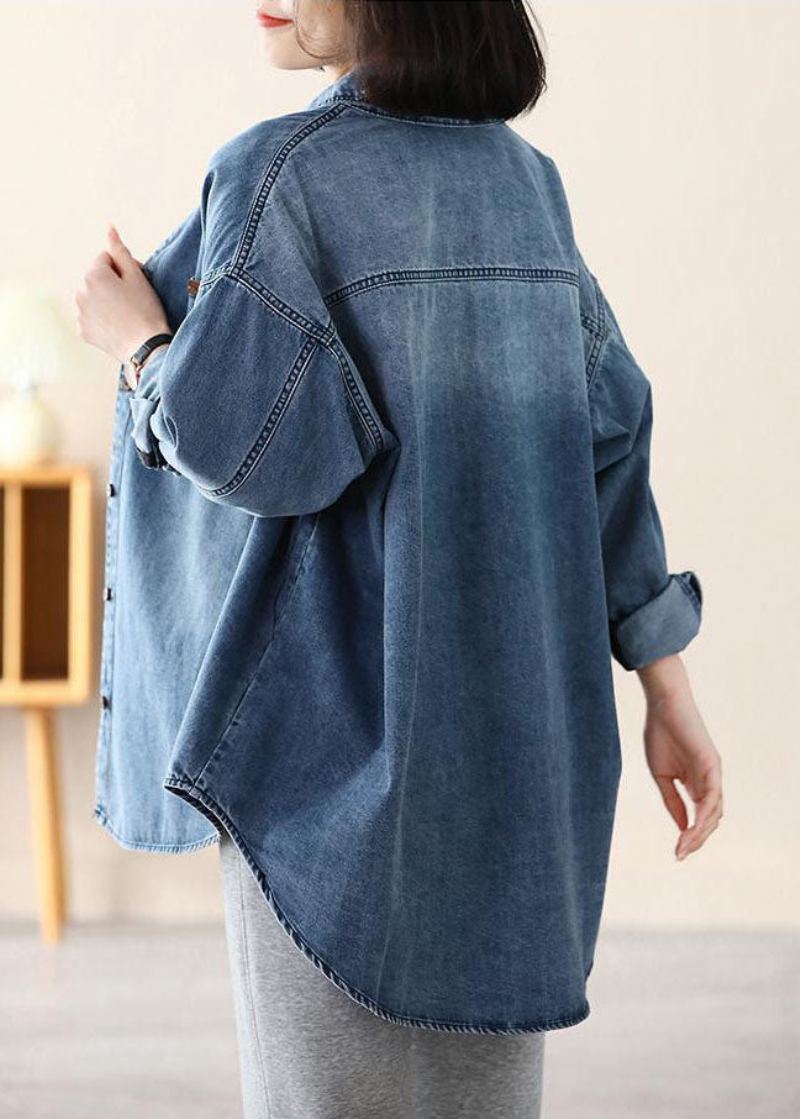 Manteau Décontracté En Denim De Coton Avec Des Appliques Surdimensionnées À Col Peter Pan Bleu Printemps - Manteaux d'hiver femmes