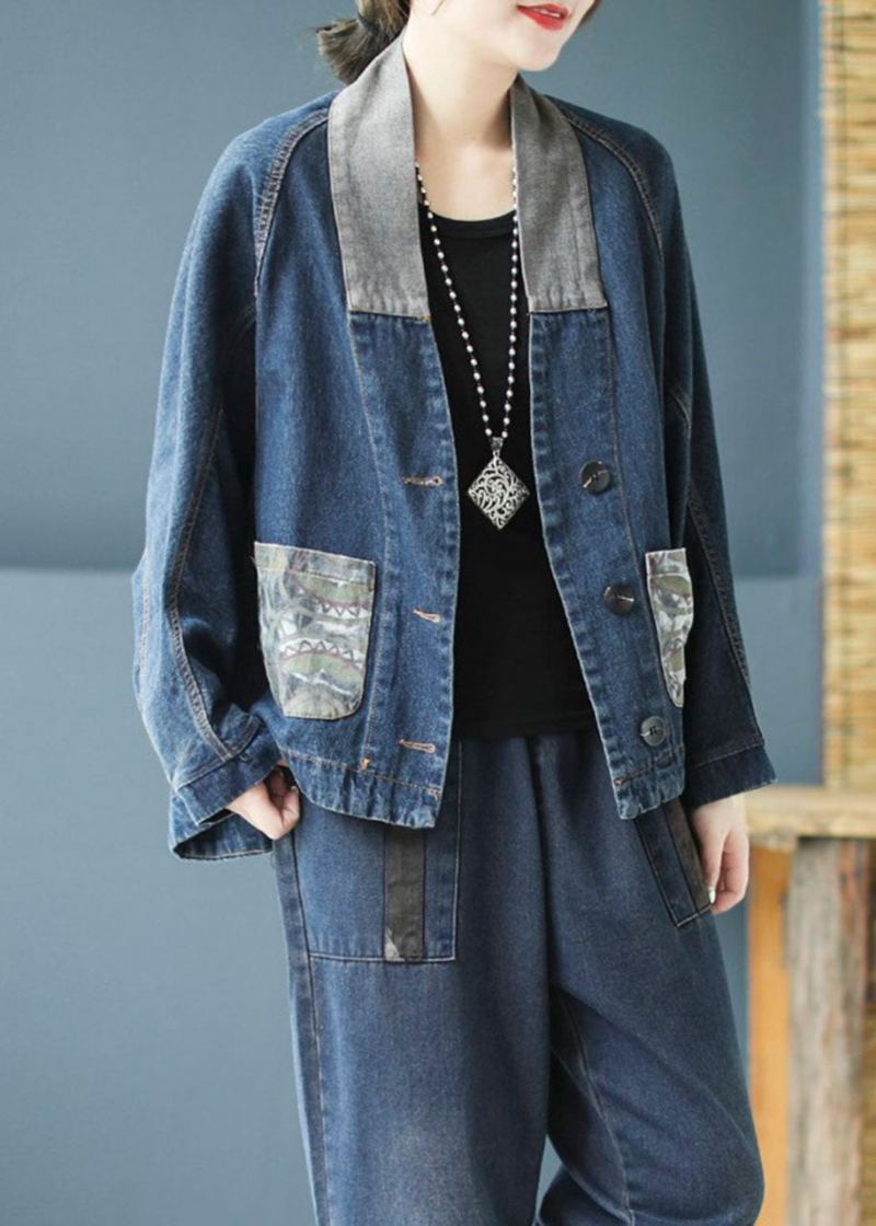 Manteau Décontracté À Manches Longues En Denim Avec Poches Bleues Et Boutons Imprimés En Patchwork D'automne