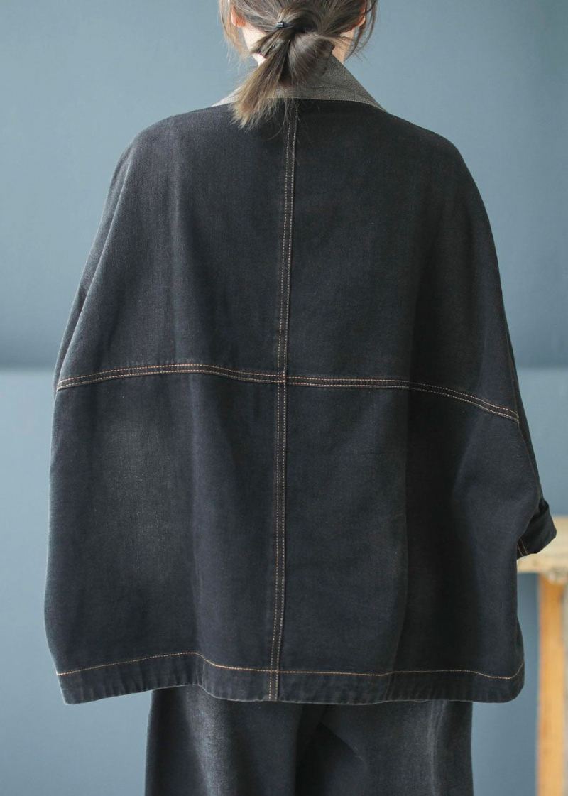 Manteau Décontracté À Manches Longues En Denim Avec Poches Bleues Et Boutons Imprimés En Patchwork D'automne - Bleu