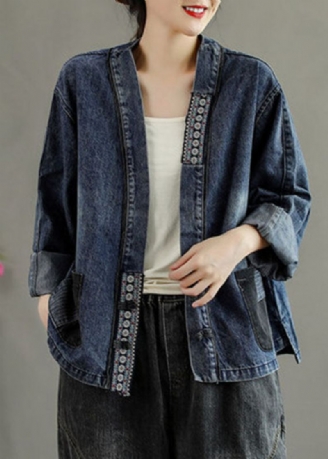 Manteau En Denim D'automne En Patchwork De Boutons De Poches Brodées Noires De Luxe