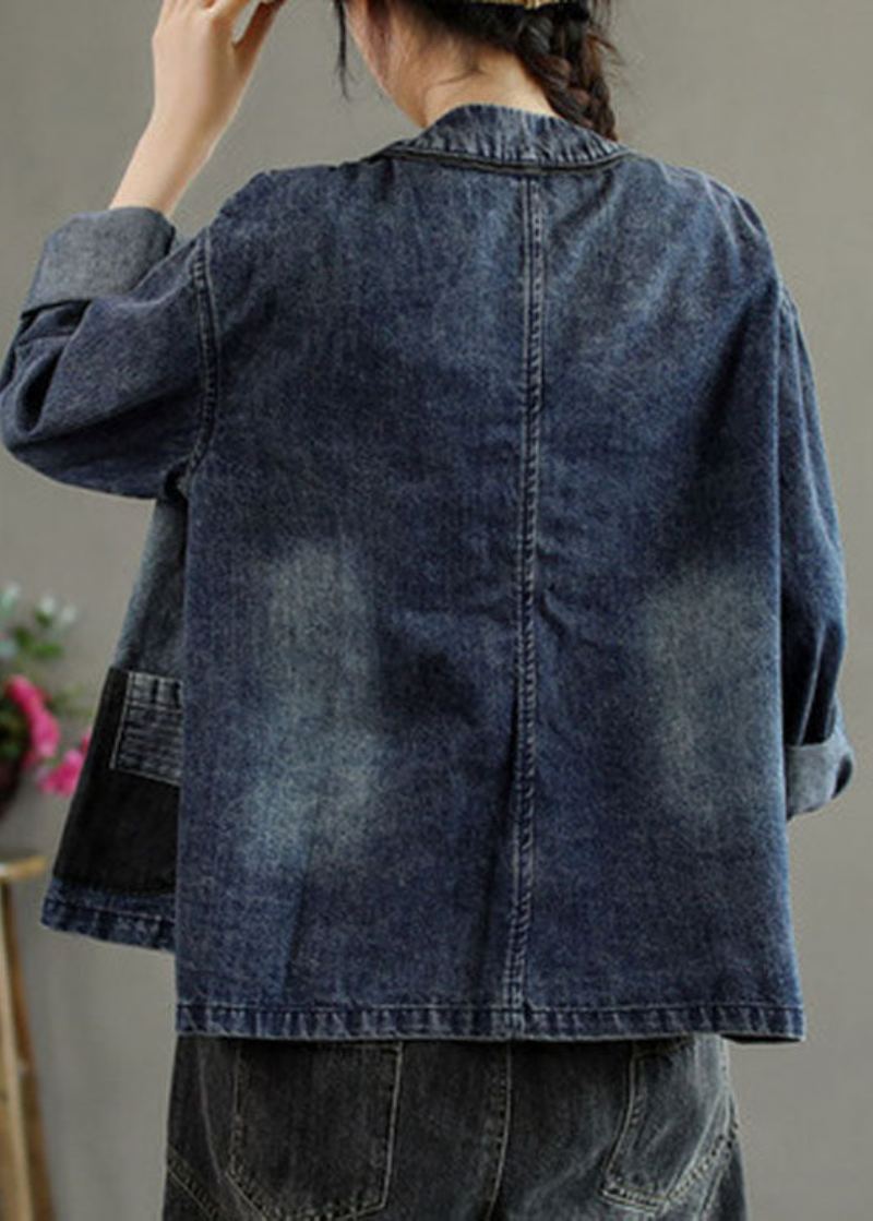 Manteau En Denim D'automne En Patchwork De Boutons De Poches Brodées Noires De Luxe - Noir