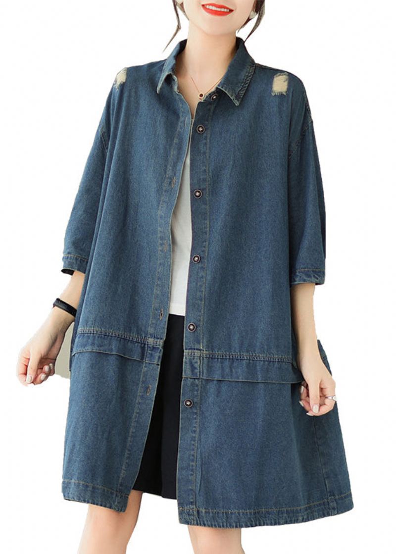 Manteau En Denim Bleu Ample Col Peter Pan Patchwork Manches De Bracelet - Manteaux d'hiver femmes