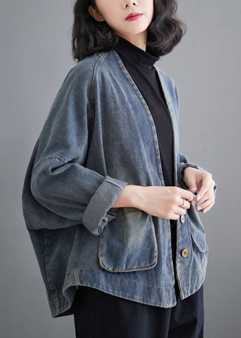 Manteau En Denim Bleu Français Avec Poches Et Col En V Patchwork Printemps