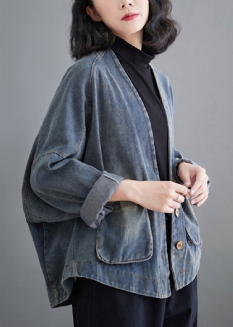 Manteau En Denim Bleu Français Avec Poches Et Col En V Patchwork Printemps