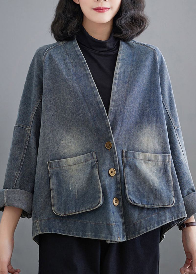 Manteau En Denim Bleu Français Avec Poches Et Col En V Patchwork Printemps - Manteaux d'hiver femmes