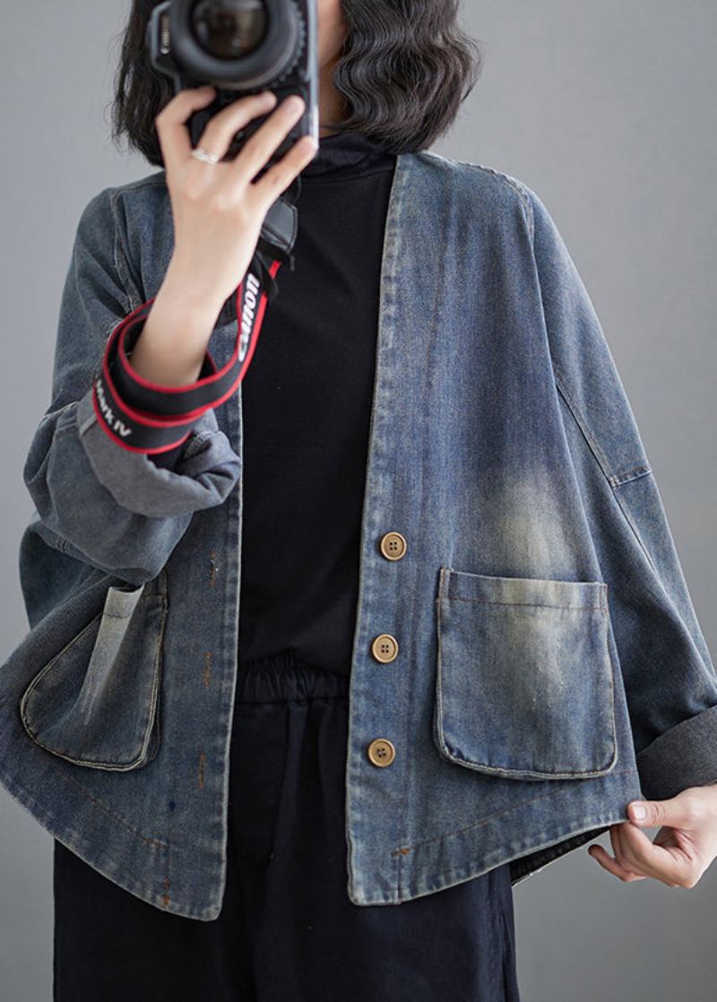 Manteau En Denim Bleu Français Avec Poches Et Col En V Patchwork Printemps - Manteaux d'hiver femmes