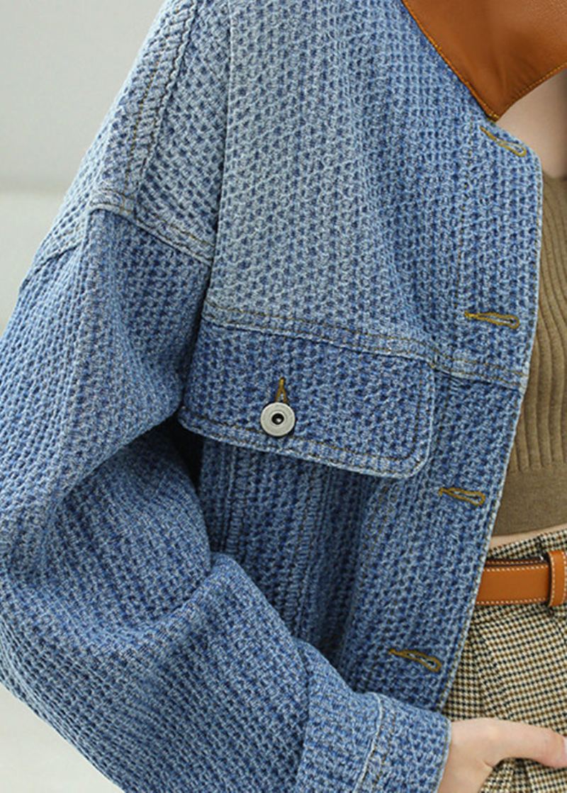 Manteau En Denim Bleu Jacquard Avec Col Peter Pan Et Poches Boutonnées À Manches Longues - Manteaux d'hiver femmes