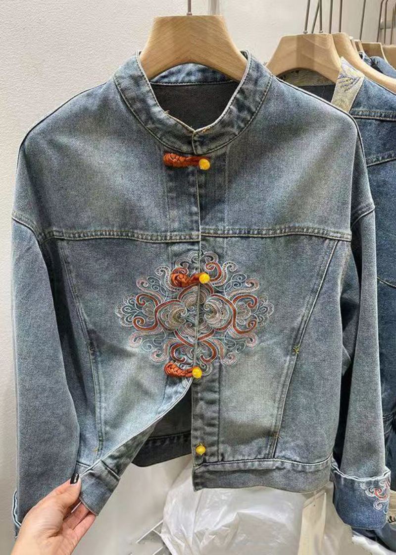 Manteau En Denim À Boutons Brodés Bleus De Style Chinois Printemps - Manteaux d'hiver femmes