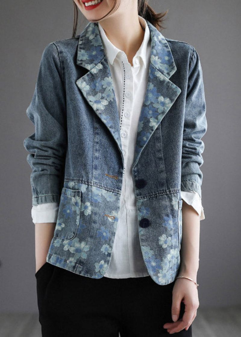 Manteau En Denim À Boutons Imprimés Bleus Faits À La Main Printemps