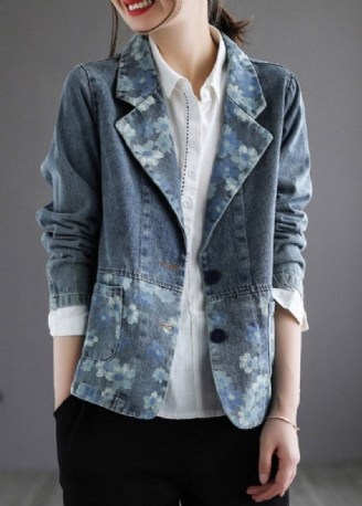 Manteau En Denim À Boutons Imprimés Bleus Faits À La Main Printemps