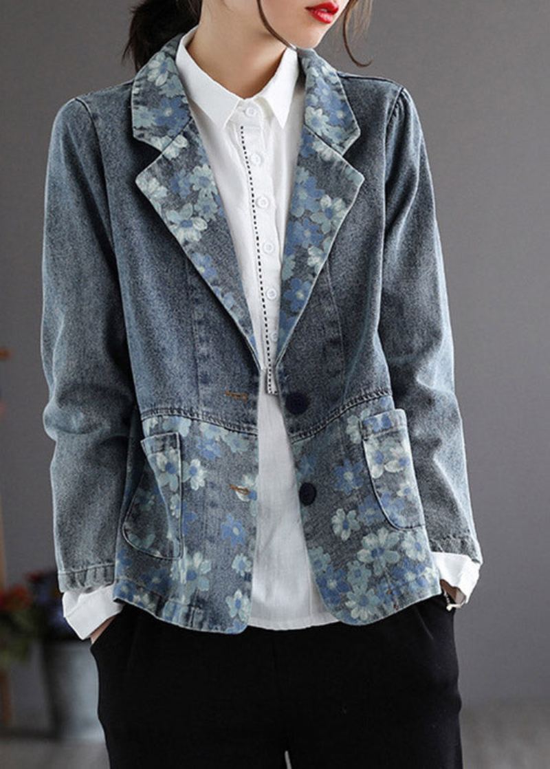 Manteau En Denim À Boutons Imprimés Bleus Faits À La Main Printemps - Bleu