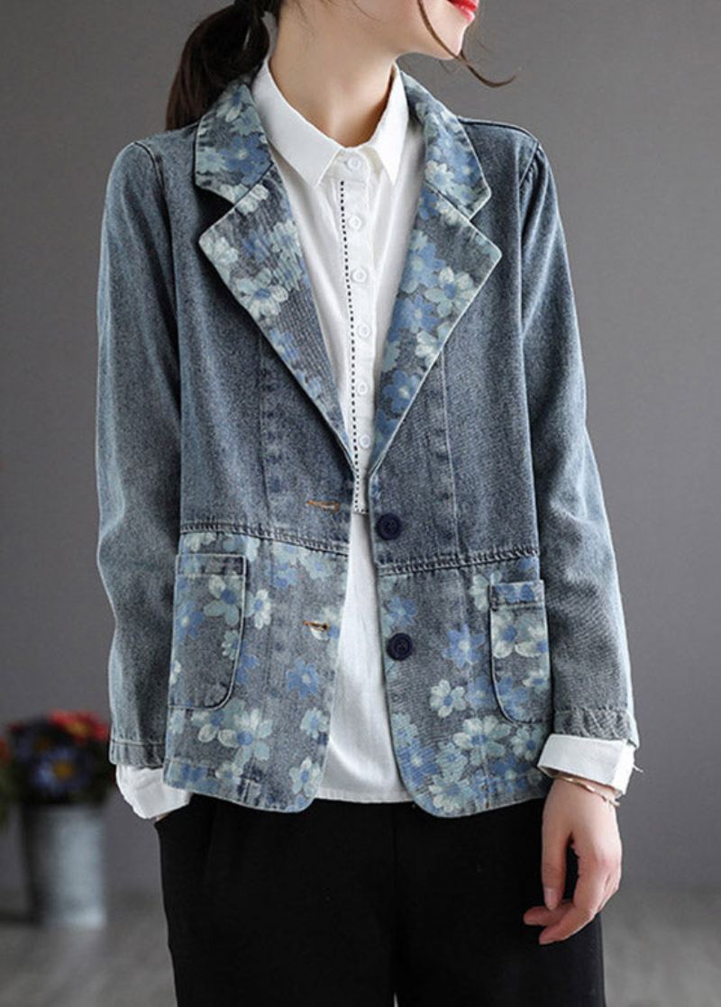 Manteau En Denim À Boutons Imprimés Bleus Faits À La Main Printemps - Bleu