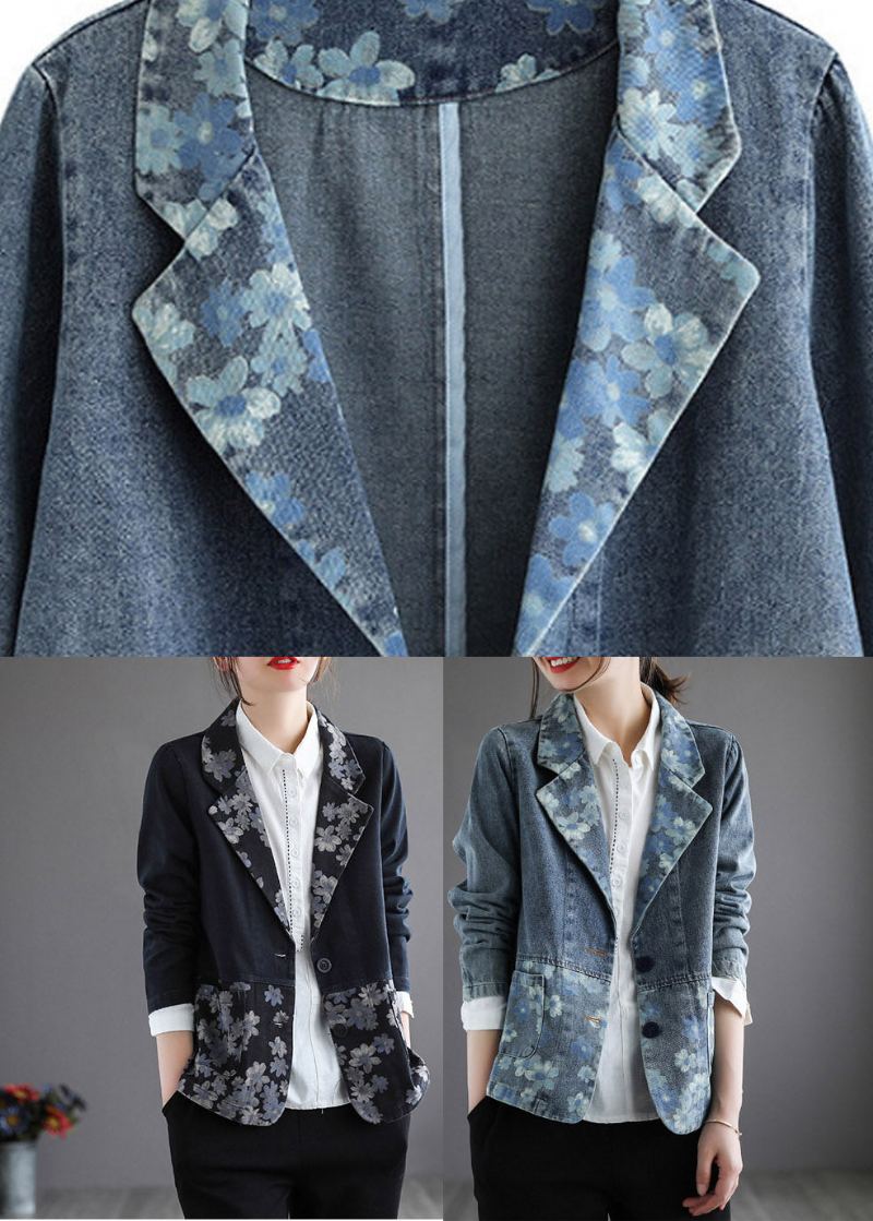 Manteau En Denim À Boutons Imprimés Bleus Faits À La Main Printemps - Bleu