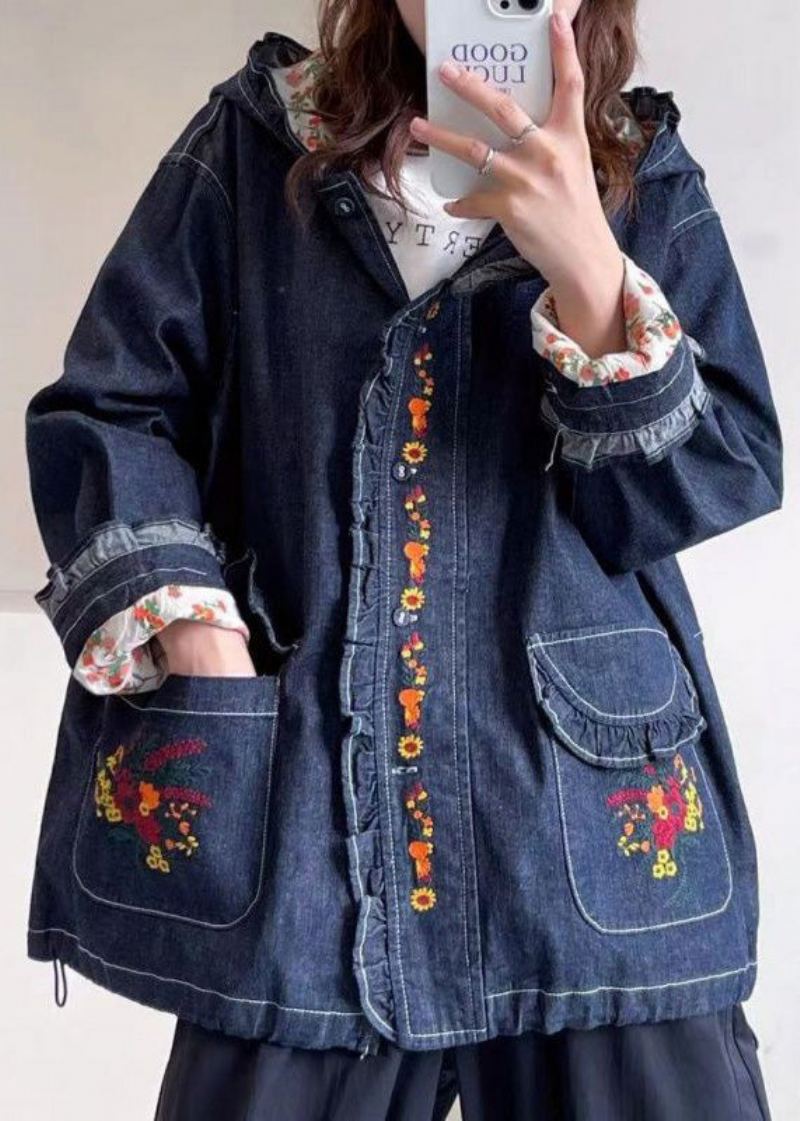 Manteau En Denim À Capuche Bleu Ample Avec Poches Brodées À Manches Longues