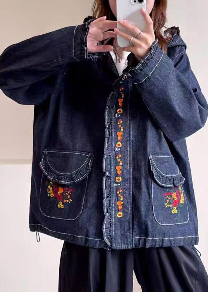 Manteau En Denim À Capuche Bleu Ample Avec Poches Brodées À Manches Longues - Manteaux d'hiver femmes