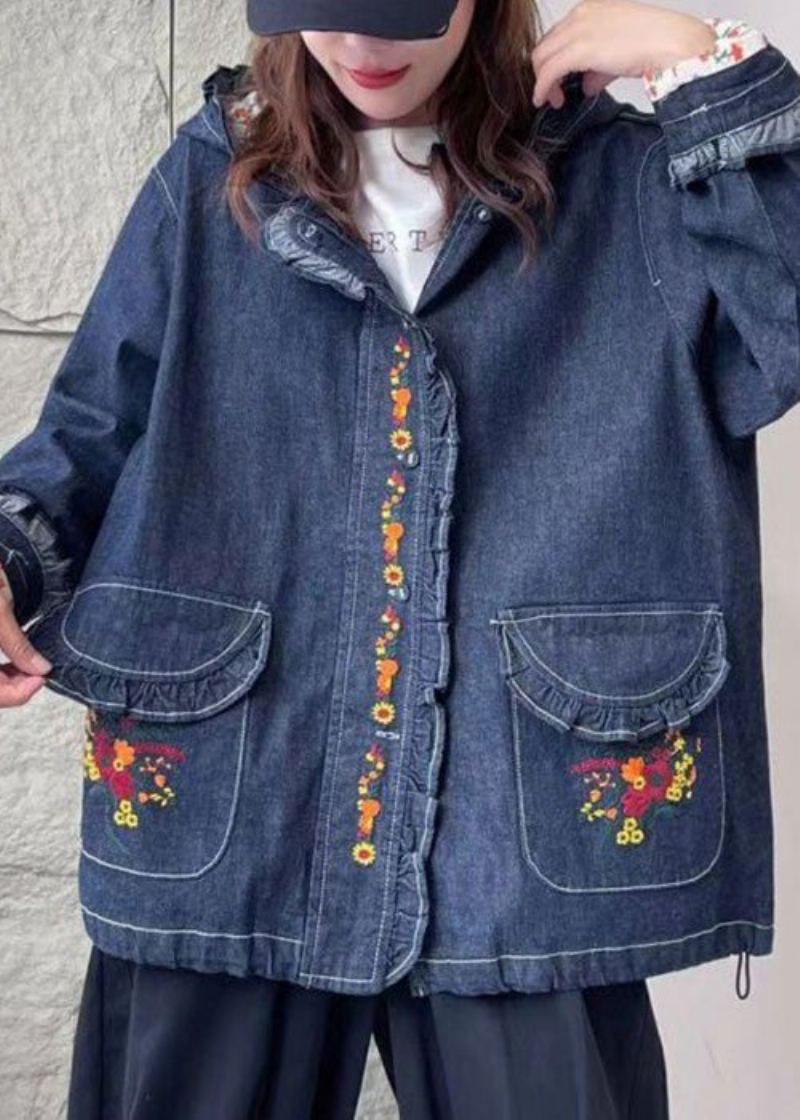 Manteau En Denim À Capuche Bleu Ample Avec Poches Brodées À Manches Longues - Manteaux d'hiver femmes