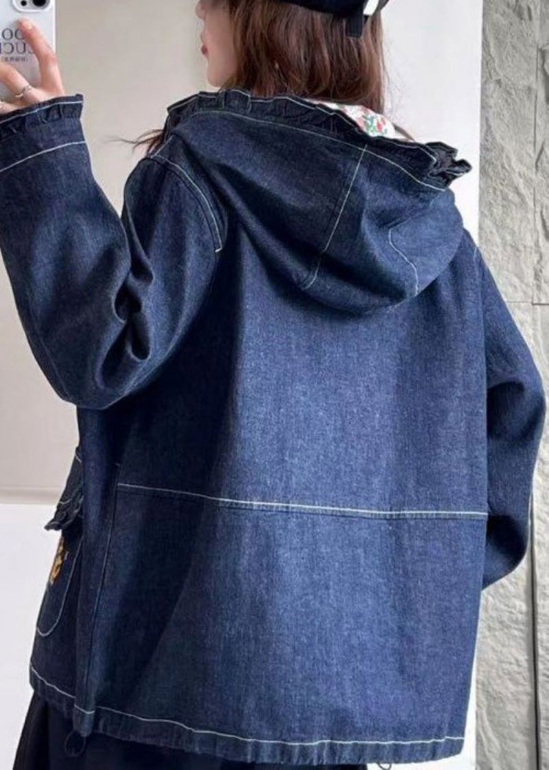 Manteau En Denim À Capuche Bleu Ample Avec Poches Brodées À Manches Longues - Manteaux d'hiver femmes