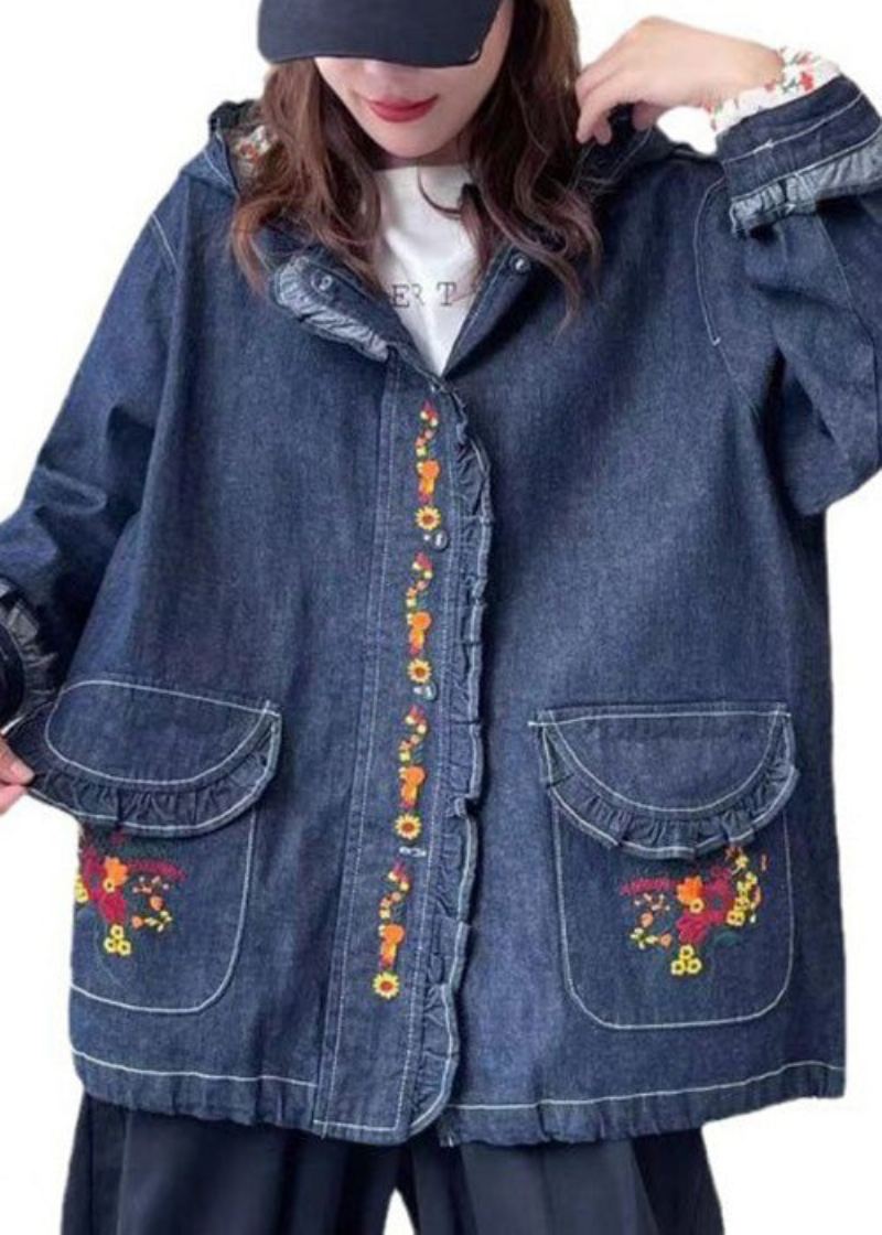 Manteau En Denim À Capuche Bleu Ample Avec Poches Brodées À Manches Longues - Manteaux d'hiver femmes