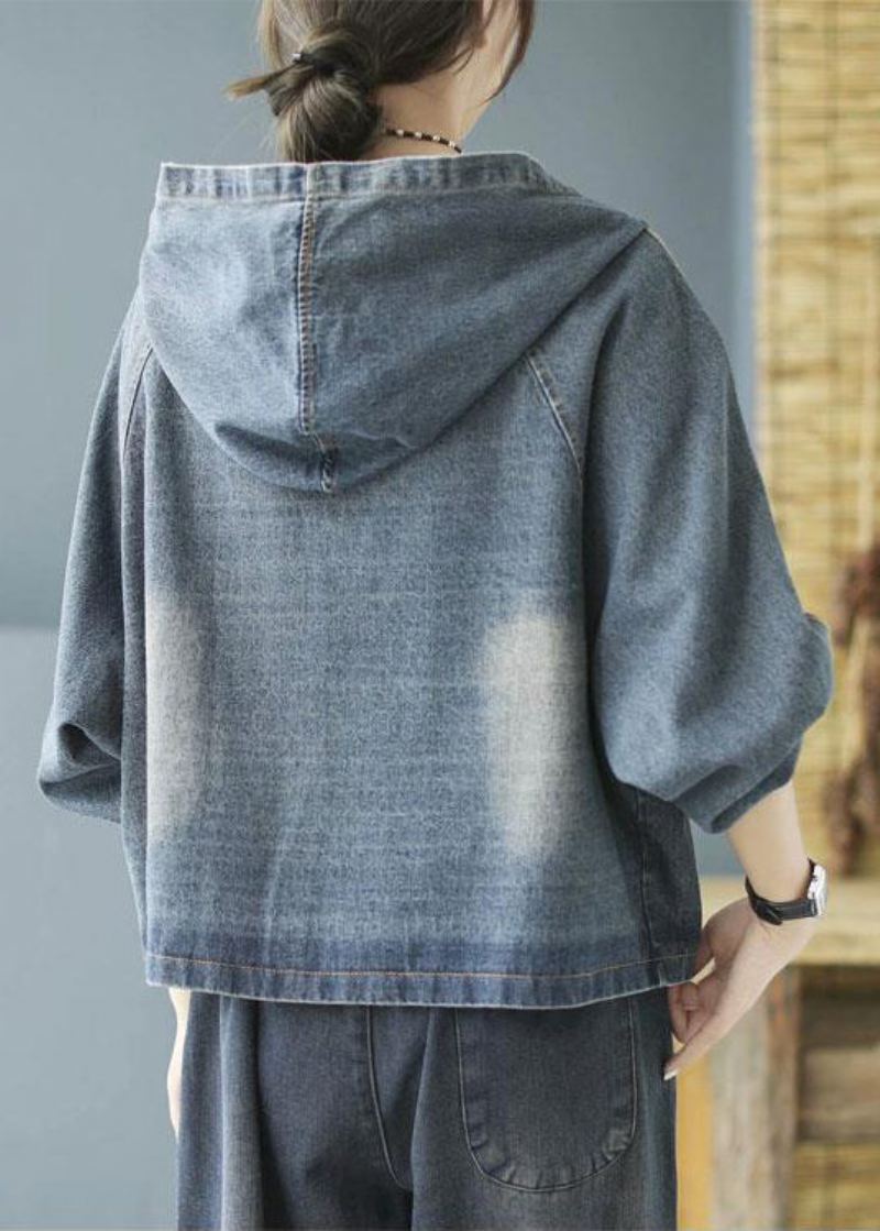 Manteau En Denim À Capuche Imprimé Poches Bleues Amples À Manches Longues - Bleu