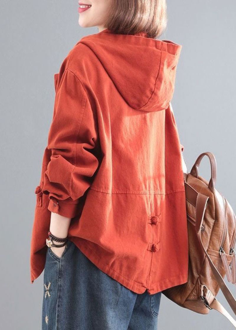 Manteau En Denim À Capuche Orange Décontracté Avec Boutons Chinois Et Manches Longues