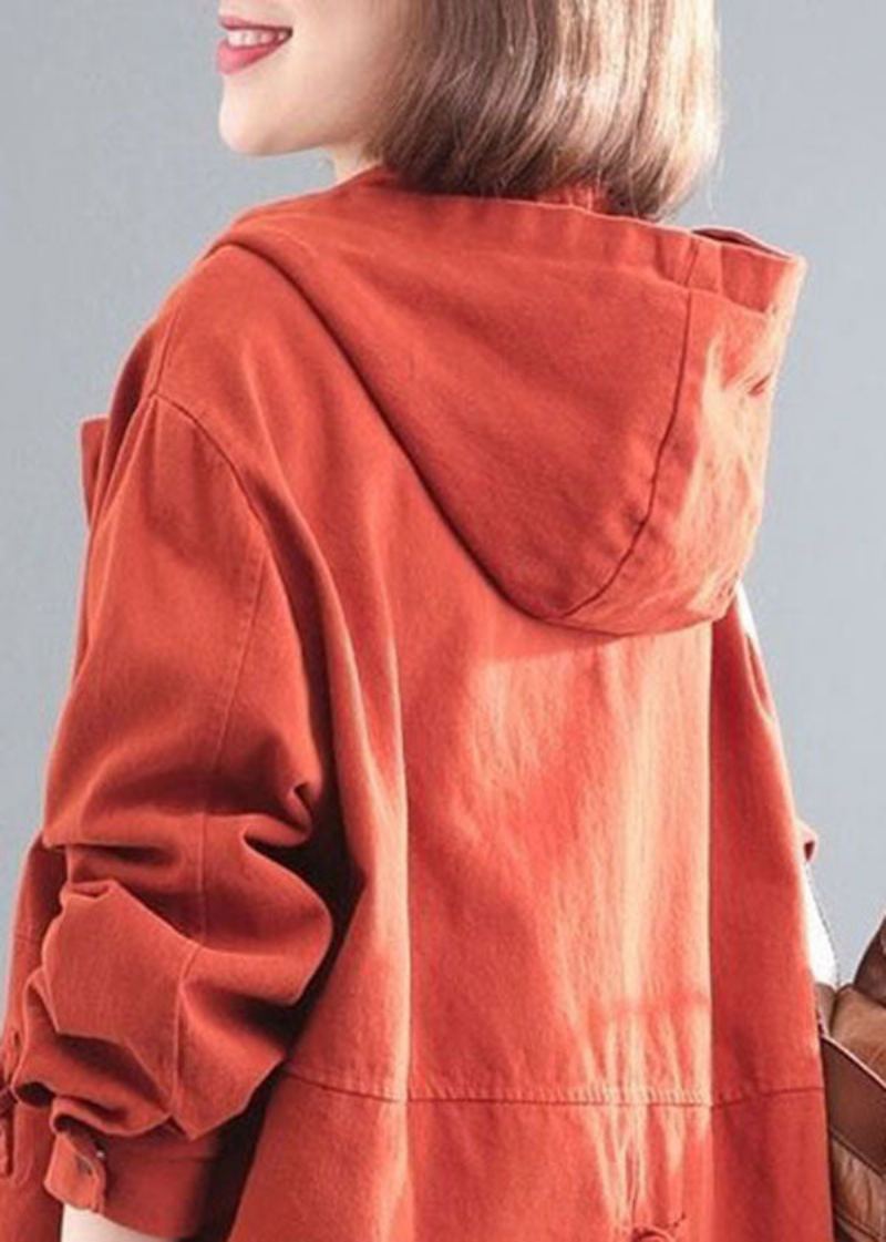 Manteau En Denim À Capuche Orange Décontracté Avec Boutons Chinois Et Manches Longues - Manteaux d'hiver femmes