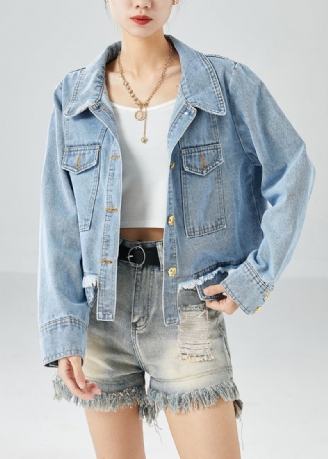 Manteau En Denim De Coton Avec Poches Surdimensionnées Pour Femmes Bleu Automne