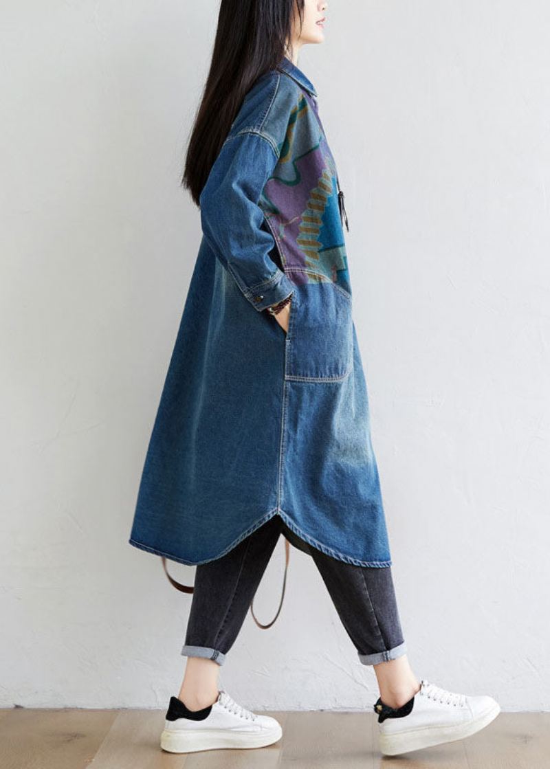 Manteau En Denim Imprimé Bleu Italien Avec Poches Et Col Peter Pan Printemps - Manteaux d'hiver femmes